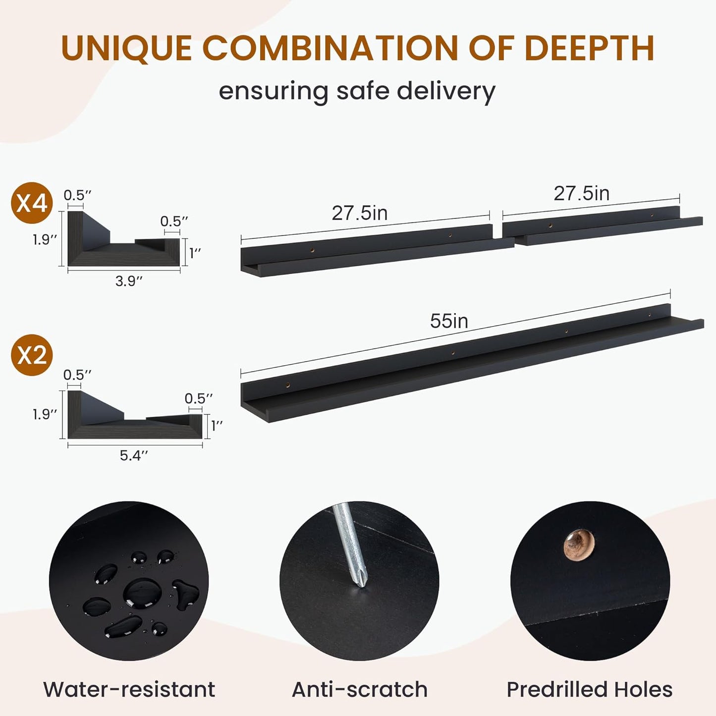 Axeman Picture Ledge Shelf, Floating Shelves for Wall Decor Storage Set of 6, 55 inch Floating Wall Mounted Shelves, Wall Shelves with Lip for Living Room, Bedroom, Nursery, Bathroom, Kitchen, Black