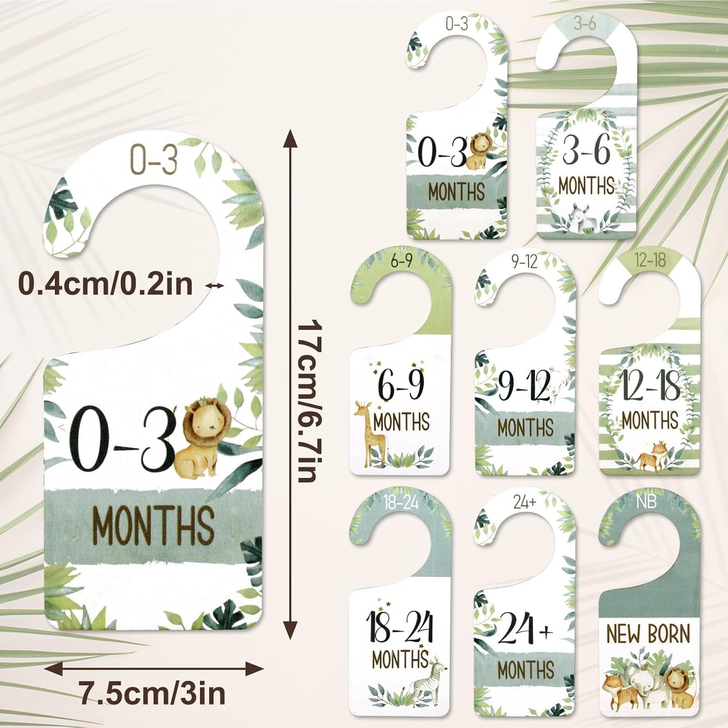 Whaline 8Pcs Baby Closet Size Dividers Watercolor Jungle Animals Hanging Wooden Baby Closet Organizer Double-Sided Newborn to 24 Months Thicken Baby Wardrobe Organizer