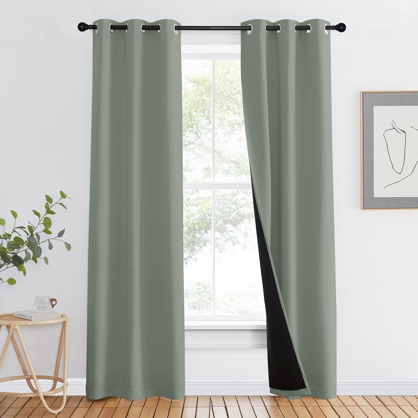 NICETOWN 100% Blackout Window Curtain Panels, Heat and Full Light Blocking Drapes with Black Liner for Nursery, 80" Drop Thermal Insulated Draperies (Greyish Green, 2 Pieces, 37" Wide Each Panel)