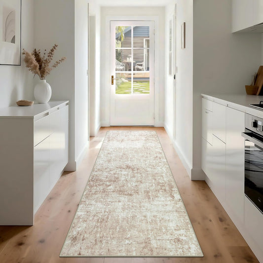 Runner Rug for Hallways Kitchen 2'6"x8' Washable, Non Slip Carpet 8ft Area Rugs Entryway Rubber Backed 8 Feet Neutral Abstract Modern Low Pile Indoor Beige