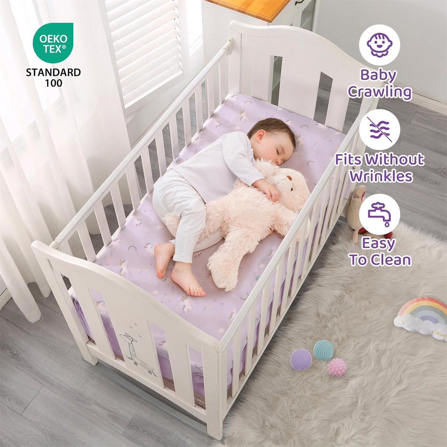 Wowelife Mini Girl Crib Bedding Set, 3 Piece Unicorn Mini Crib Comforter Set, Baby Girl Nursery Bedding Set Include Breathable Comforter, Crib Skirt and 38x24 Sheet, Purple