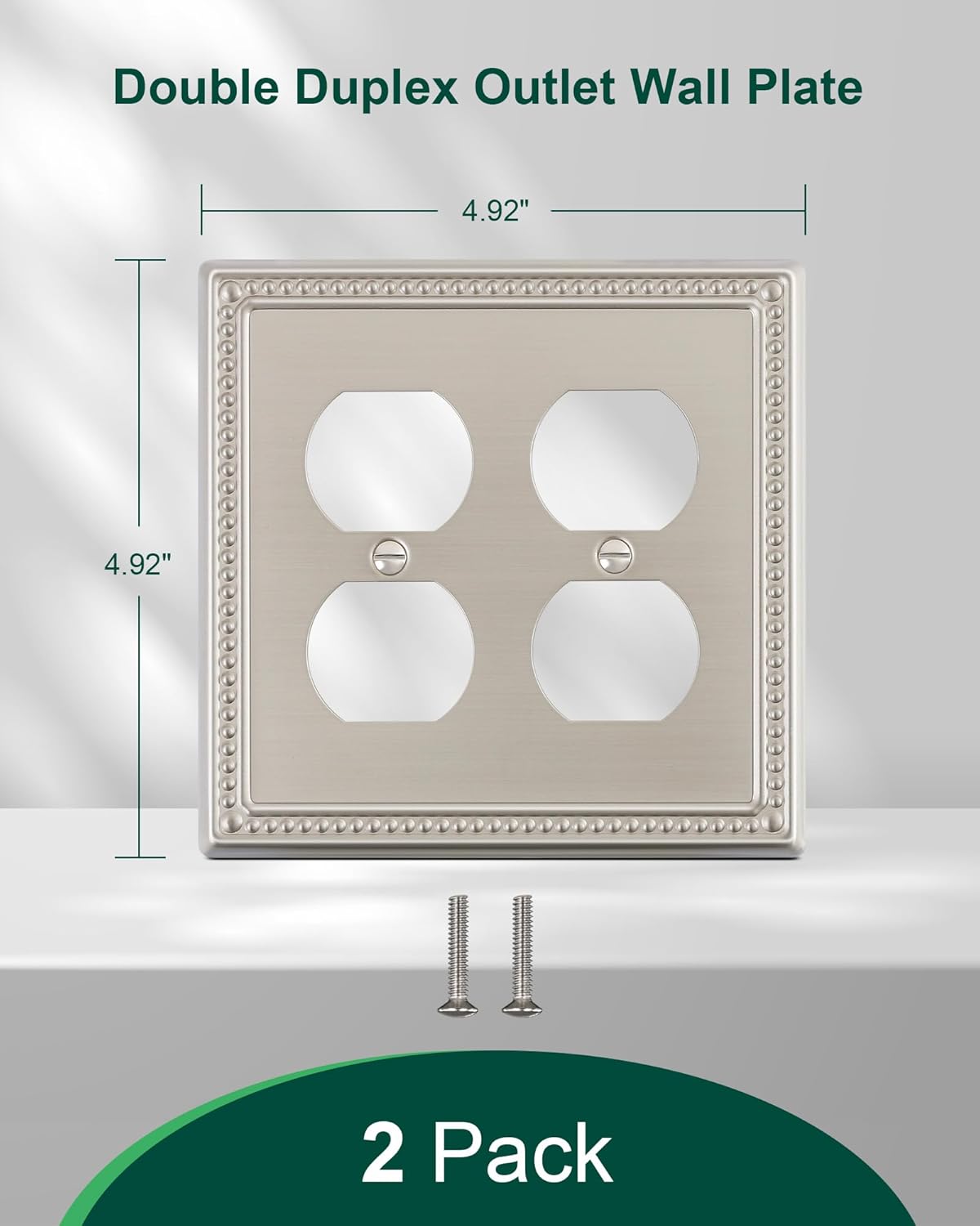 2-Pack Double Duplex Outlet Cover, Brushed Nickel Metal Switch Plates and Outlet Covers, Pearls Decorative Wall Plates for Electrical Outlets, 2 Gang Receptacle Cover, Corrosion Resistant