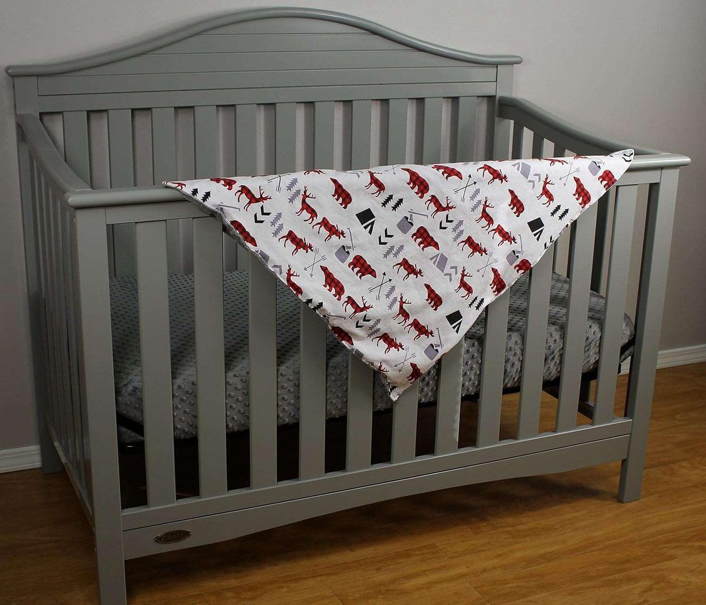 Top Tots Baby Blanket – Soft Plaid Animal Print with Bears, Deer & Trees – White Front, Gray Dotted Minky Back