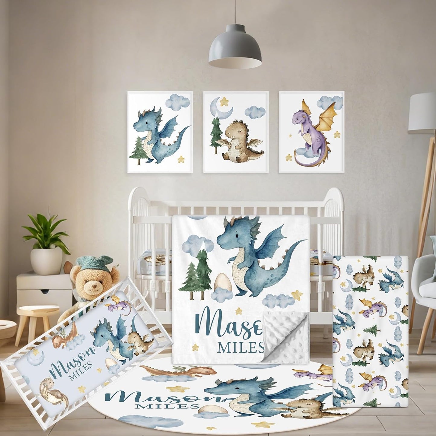 Custom Baby Crib Bedding Set, 5 Pcs Personalized Name Baby Crib Sets for Infant Toddler, Blue Dinosaur Nursery Bedding Set for Baby Boy, Double Layer Baby Bedding Sets Customized Gifts