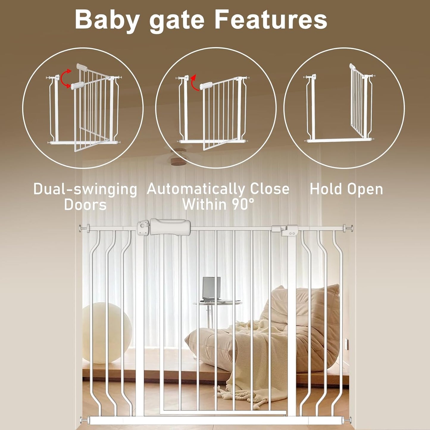 ALLAIBB Extra Wide Baby Gate Pressure Mount with Auto-Close, White Metal Safety Gate for Stairs & Doorways - Child Proof, Pet Barrier for Hallways, Kitchen, Living Room for 57.48-62.02 inch