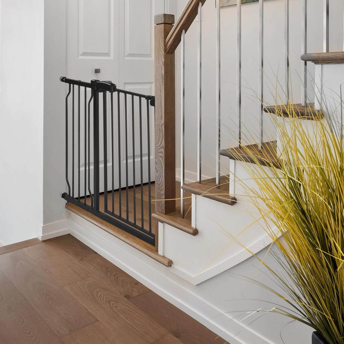 Extra Wide Baby Gate for Stairs Doorways with Door, 30" Tall 57.1-66.5" Wide Easy Install Dog Gate Indoor, Safety Metal Pressure Mounted Pet Gate with Walk-Thru Auto Close for the House, Black