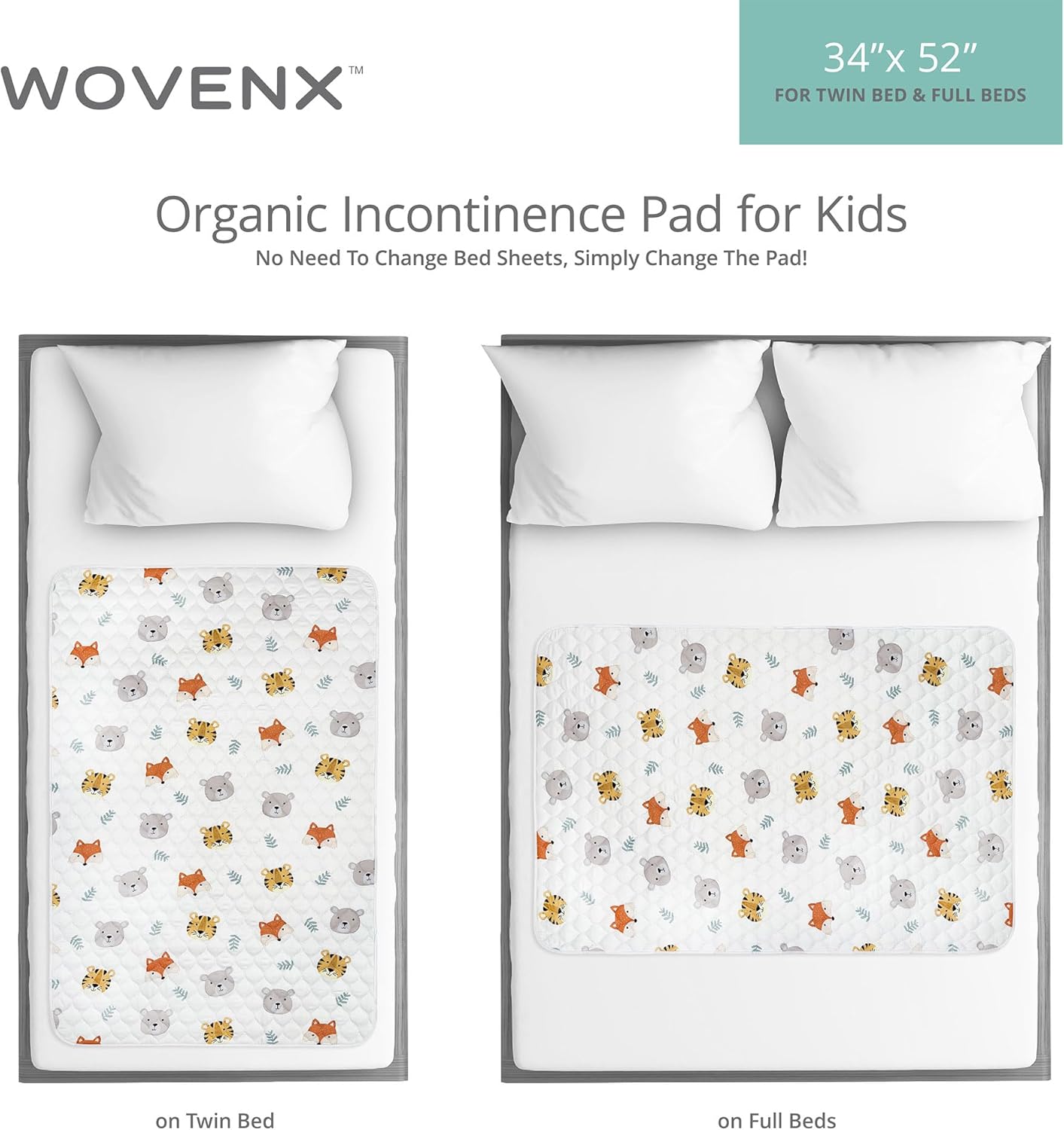 Organic Incontinence Pads for Kids & Toddlers - 5 Layer Waterproof Protectors for Overnight Bed Wetting - Reusable & Washable Pee Pads - Fits Twin to Full Size Beds - 34" x 52" Tiger Bear Fox