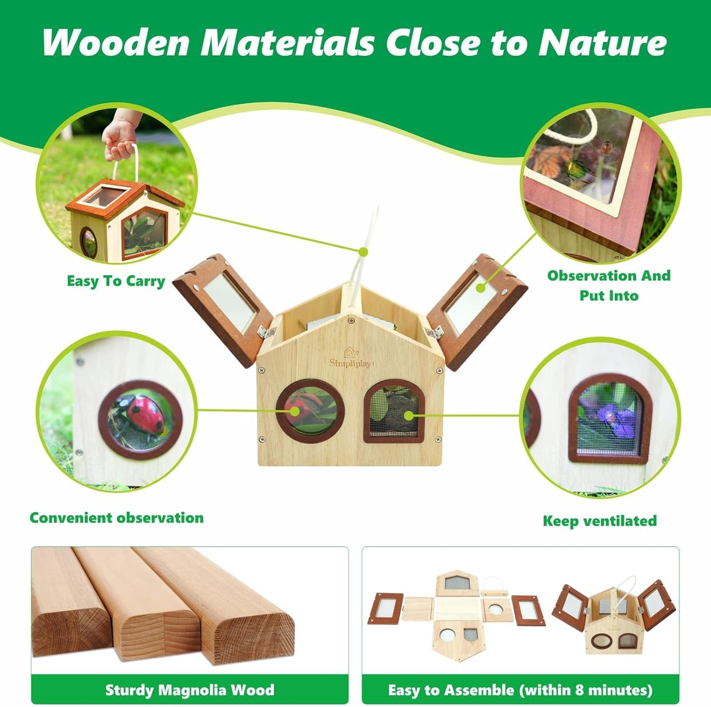 Kids Bug Catching Kit, 6-in-1 Nature Discovery Kit with Breathable Wooden Critter Habitat House, 15 Insert Cards, Magnifying Glass, Butterfly Net, Summer Outside Toys, Gift for Boys & Girls