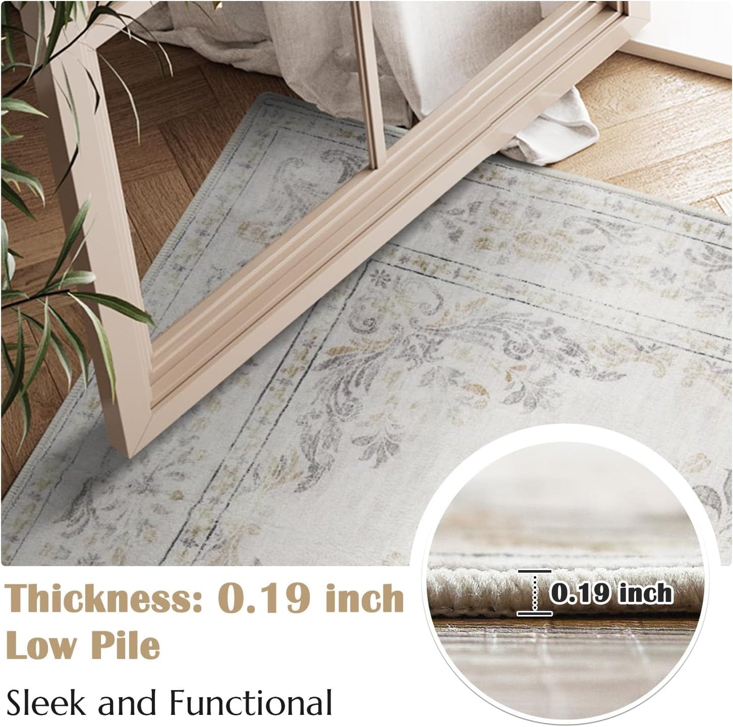 jinchan Floral 2x3 Rug for Entryway - Vintage Washable Area Rug Ultra-Thin Low Pile Soft Small Non Slip Distressed Indoor Door mat Accent for Entrance Kitchen Bedroom Bathroom (2x3ft,Light Grey)