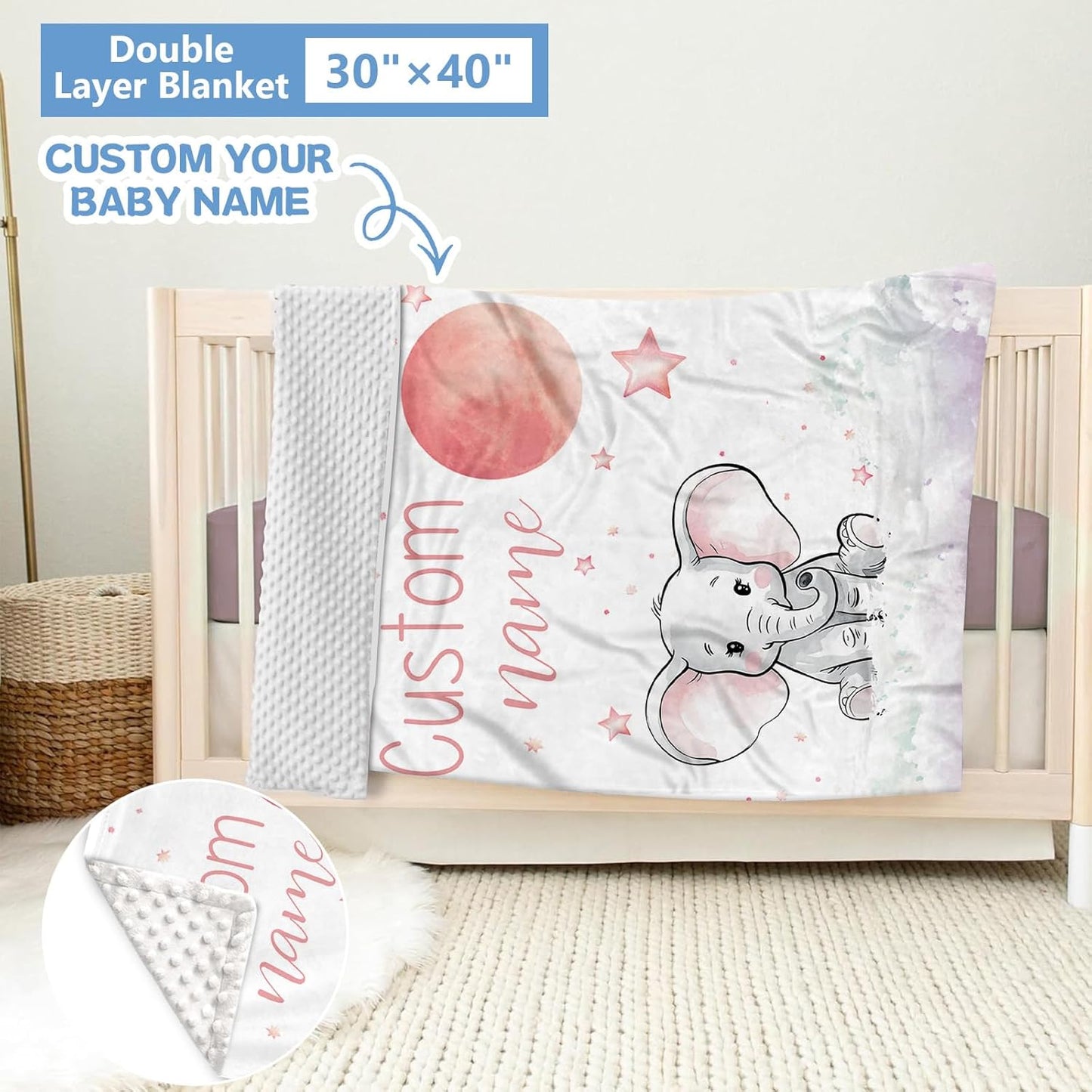 Personalized Nursery Bedding Set, 5 Pcs - Custom Baby Girl Elephant Bedding, Toddlers Bedding Set with Name, Double Layer, Customized Gift for Infant Kid