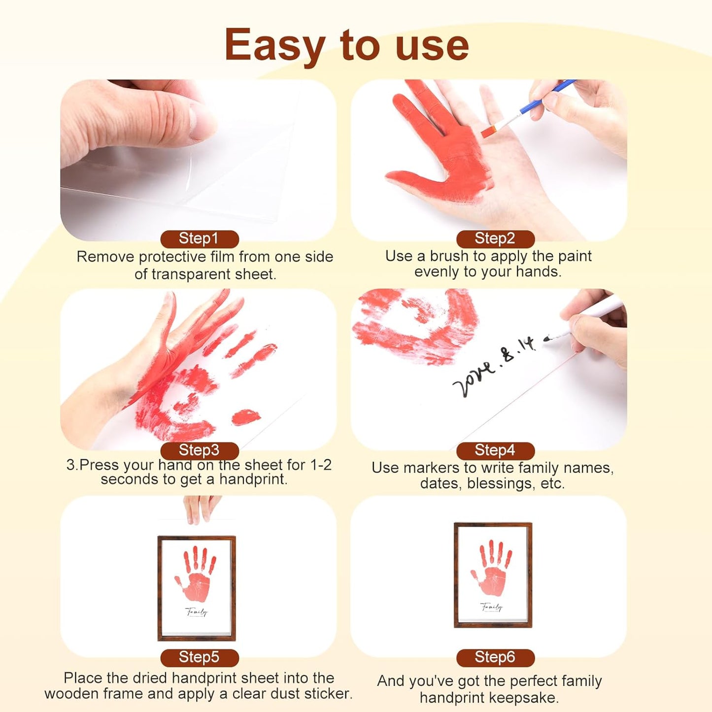 PUDEKO Family Handprint Kit,DIY Colorful Craft Keepsake Family Art Baby Newborn Hand and Footprint Wooden Frame for Home Decor Family Gifts Set(5 Sheets with 8 Colors) (Black)