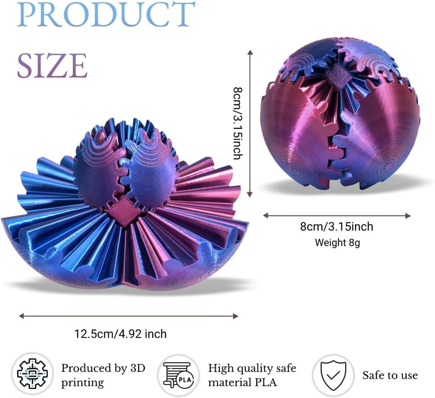 Gear Ball, Gear Sphere 3D Printed Gear Ball Fidget Toy Spin Ball, GearSphere Desk Toy, Stress Ball, Fidget Ball, Gear Toy for Stress and Anxiety Relaxing (Laser Red Blue)