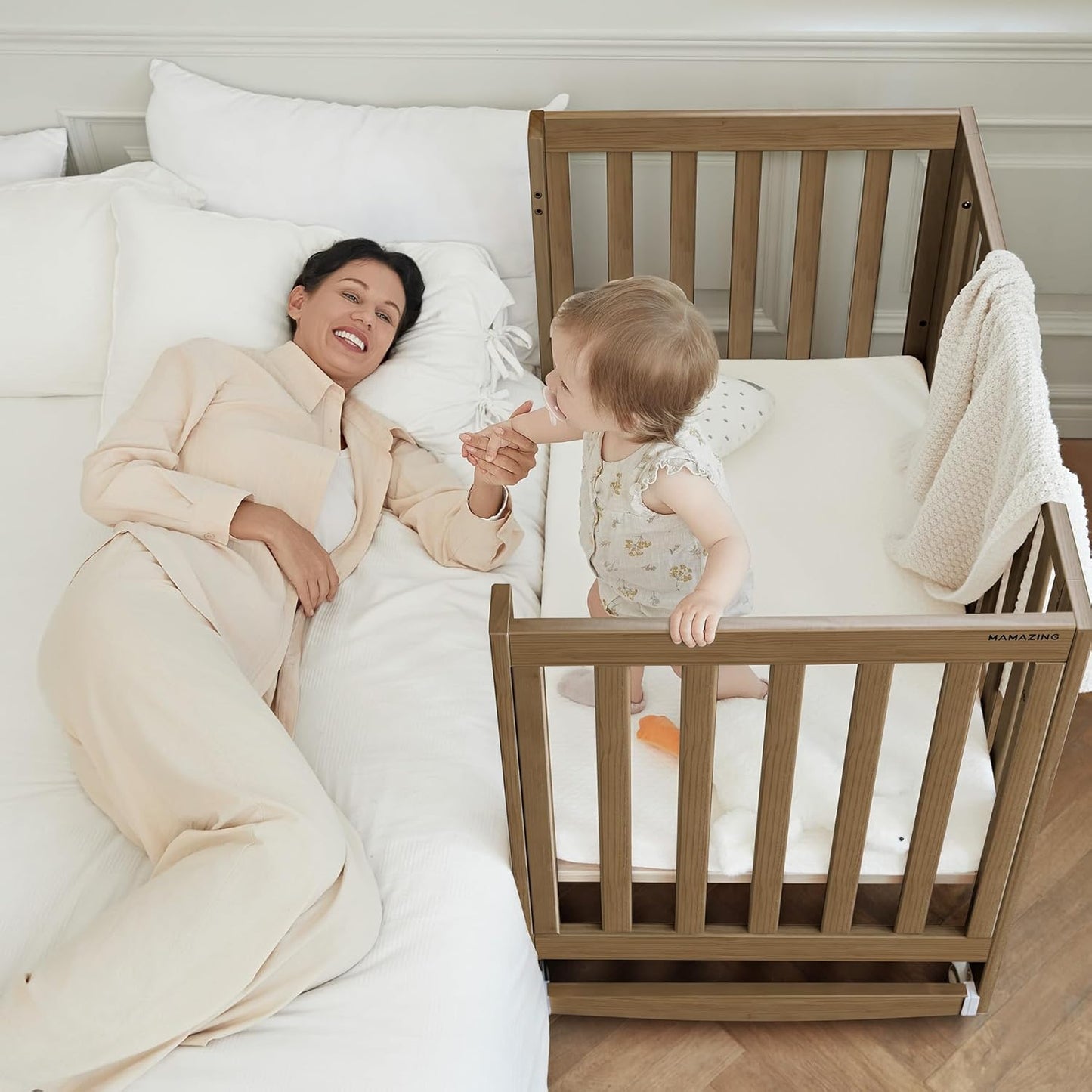 EvoNest Baby Crib, 11 in 1 Convertible Mini Crib with Wheels, 100% New Zealand Wood Growing Bed, 4 Adjustable Mattress Height ，Walnut Brown