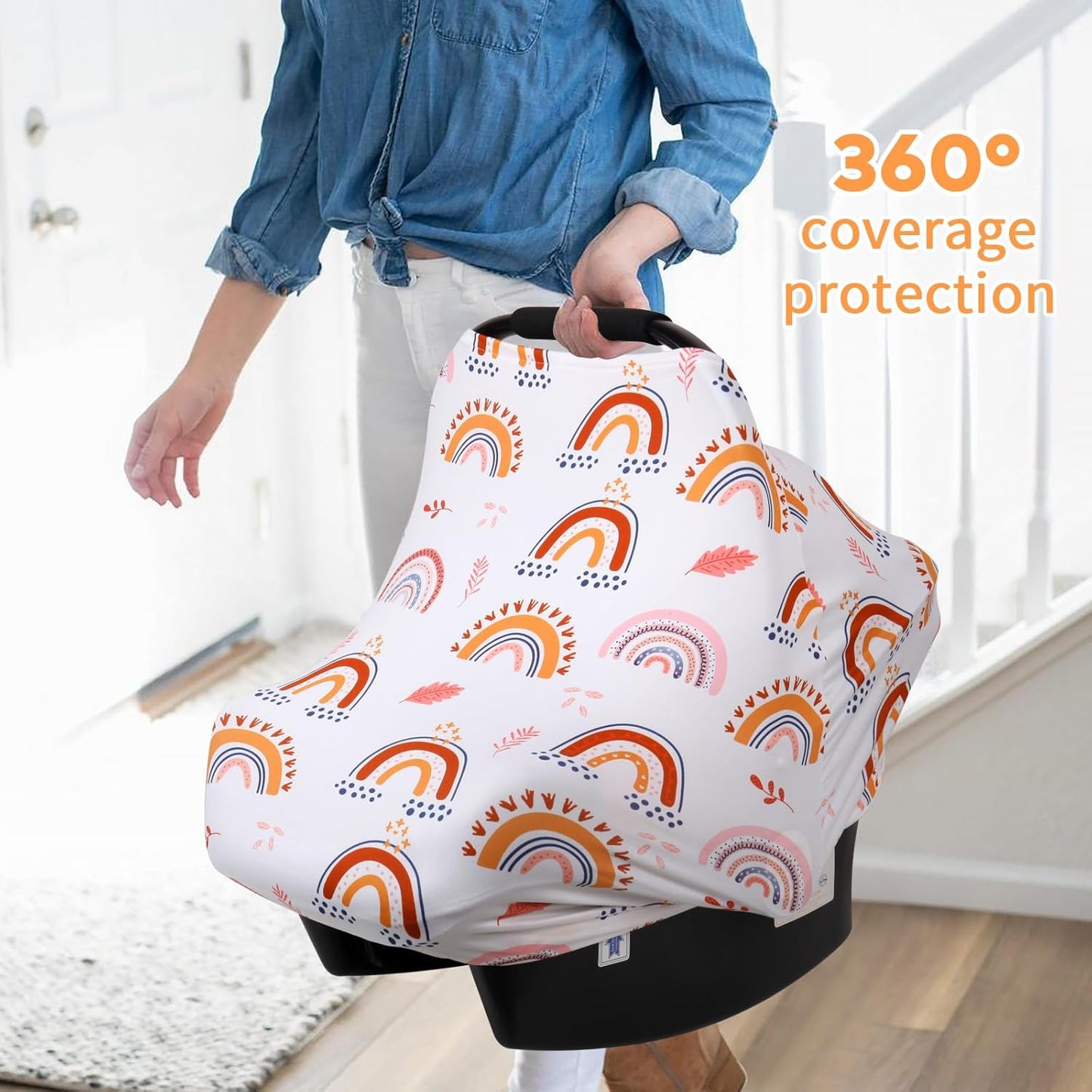 Rquite All-in-1 Car Seat Cover Baby, Carseat Covers for Girl Boy, Stretchy Soft Infant Car Seat Cover, Multi-use Baby Carrier Cover, Car Seat Canopy, Stroller Sun Shade, Nursing Breastfeeding Cover