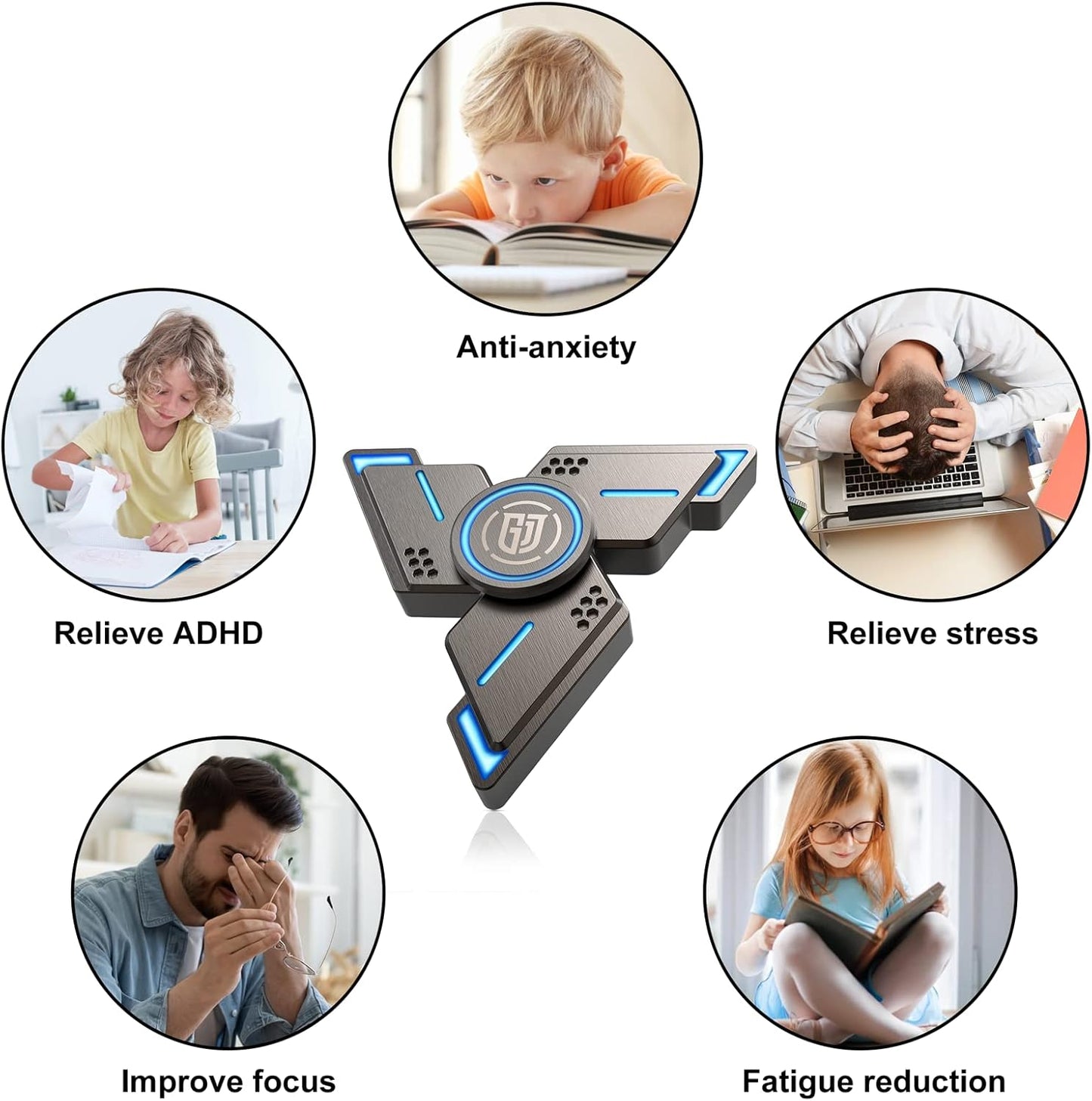 ATESSON Fidget Spinners Toy,3 to 5 min Spins,Gray Metal with Blue Luminous High Speed Bearing, Metal Material Hand Spinner,Stress Relief Anxiety Boredom Desk Toys for Adults and Kids