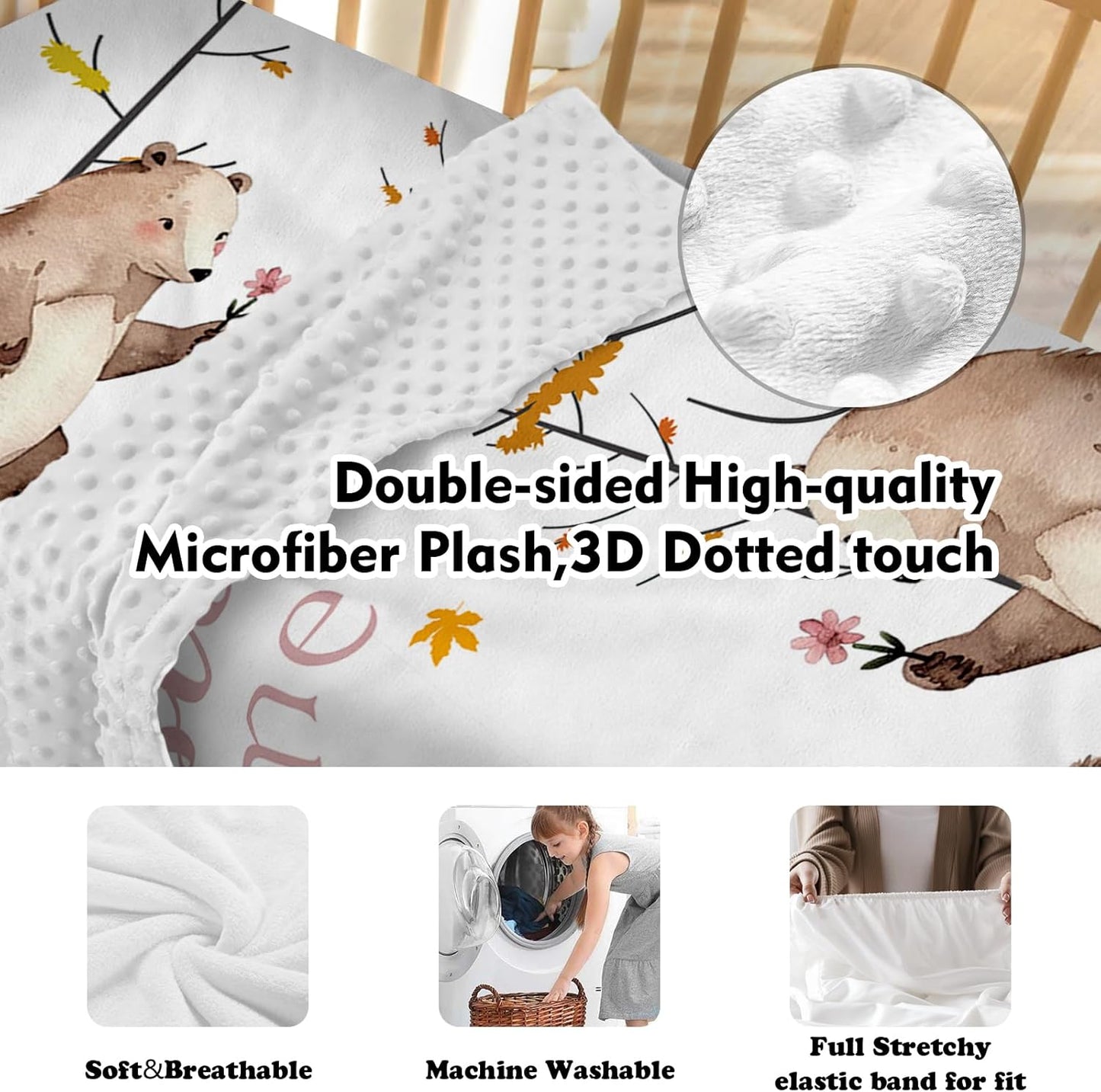 Personalized Baby Crib Bedding Set for Baby Girls, Fox Sika Deer Pattern Custom Name Baby Crib Sets 5-Pcs, Toddler Double Layer Blanket Fitted Sheets Changing Pad Cover Rug Wall Art Set