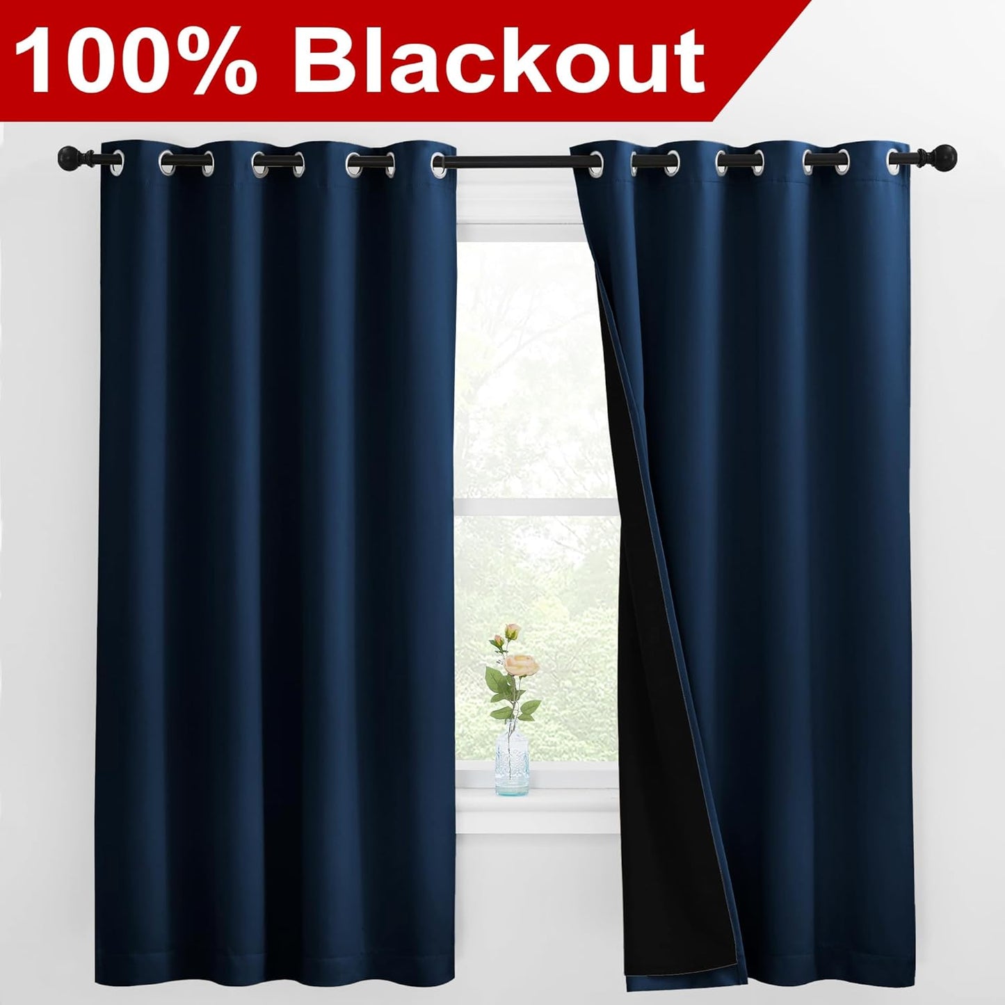 NICETOWN 100% Blackout Curtains with Black Liners, Thermal Insulated Full Blackout 2-Layer Lined Drapes, Energy Efficiency Window Draperies for Bedroom (Moroccan Blue, 2 Panels, 55" W by 68" L)