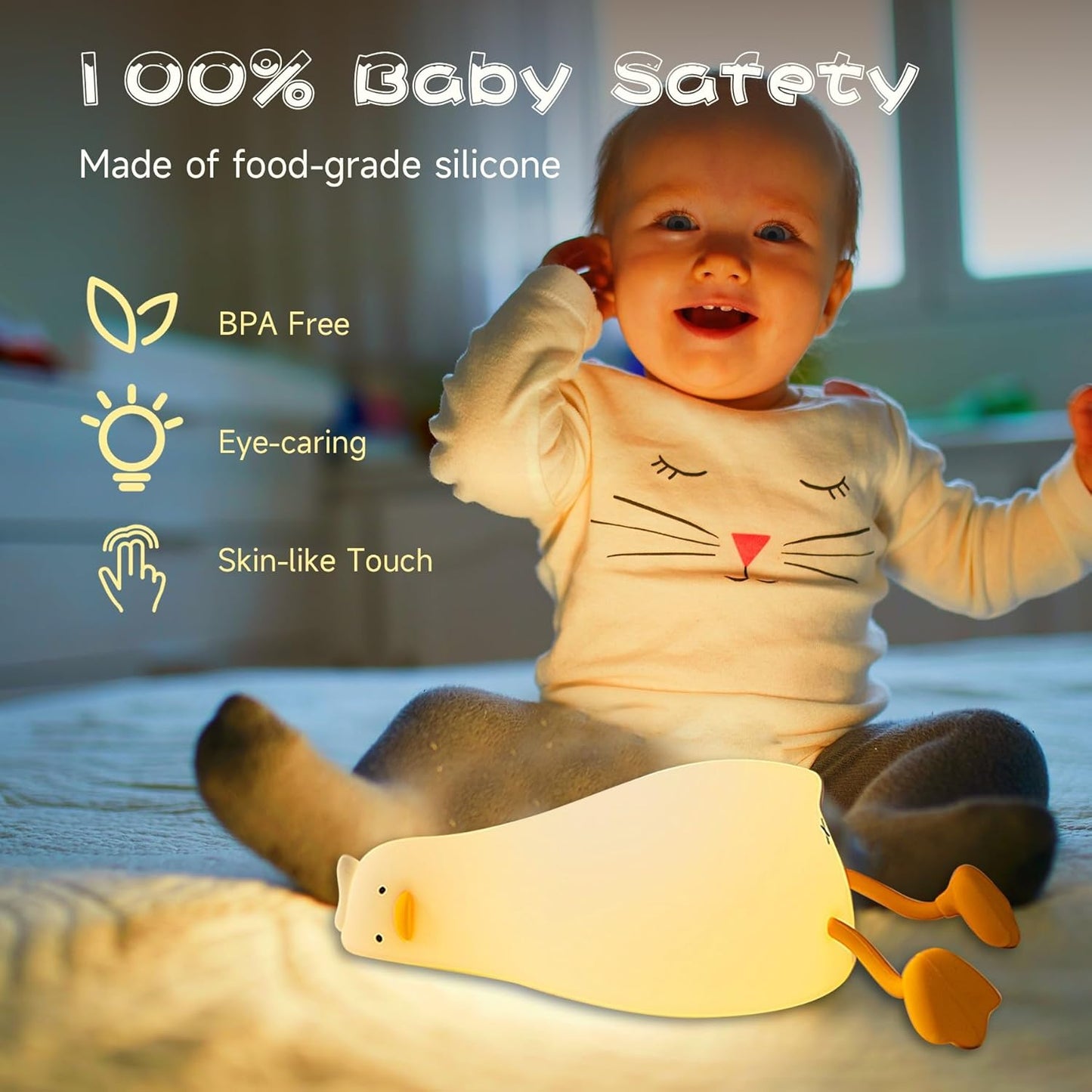 Rechargeable LED Lying Flat Duck Night Light for Kids, 3 Level Dimmable Silicone Nightlight Squishy Touch Lamp for Nursery, Breastfeeding, Toddler & Baby Decor, Cute Bedside Nightlights Gift
