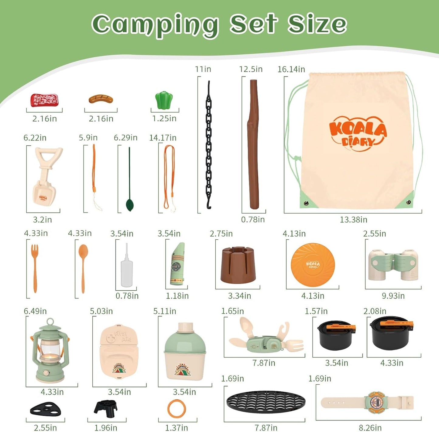 Kids Camping Toys Set - Pretend Play Camping Set with Food Toy, Spray Stove, Oil Lantern, Binoculars, Compass, Tableware, Watch & Storage Bag, Birthday for Ages 3+