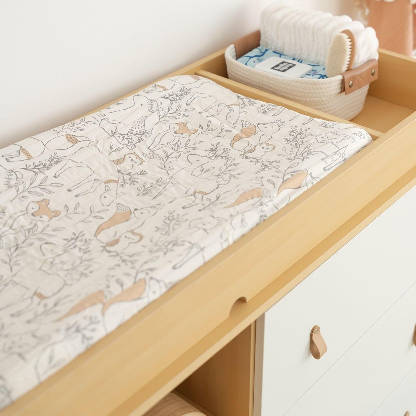 Crane Baby Woodland Quilted Changing Pad Cover, Animal Fox Print, Cotton Sateen, Secure Elastic Fit, Neutral Woodland Animal Nursery Decor for Boys and Girls, Diaper Changing Pad Cover