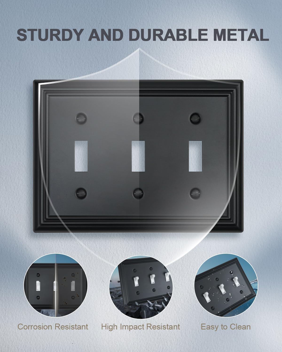 2-Pack Triple Toggle Wall Plates, Black Light Switch Covers, Decorative Switch Plate Covers, Durable Metal, 6.77''*4.88'', Midsize