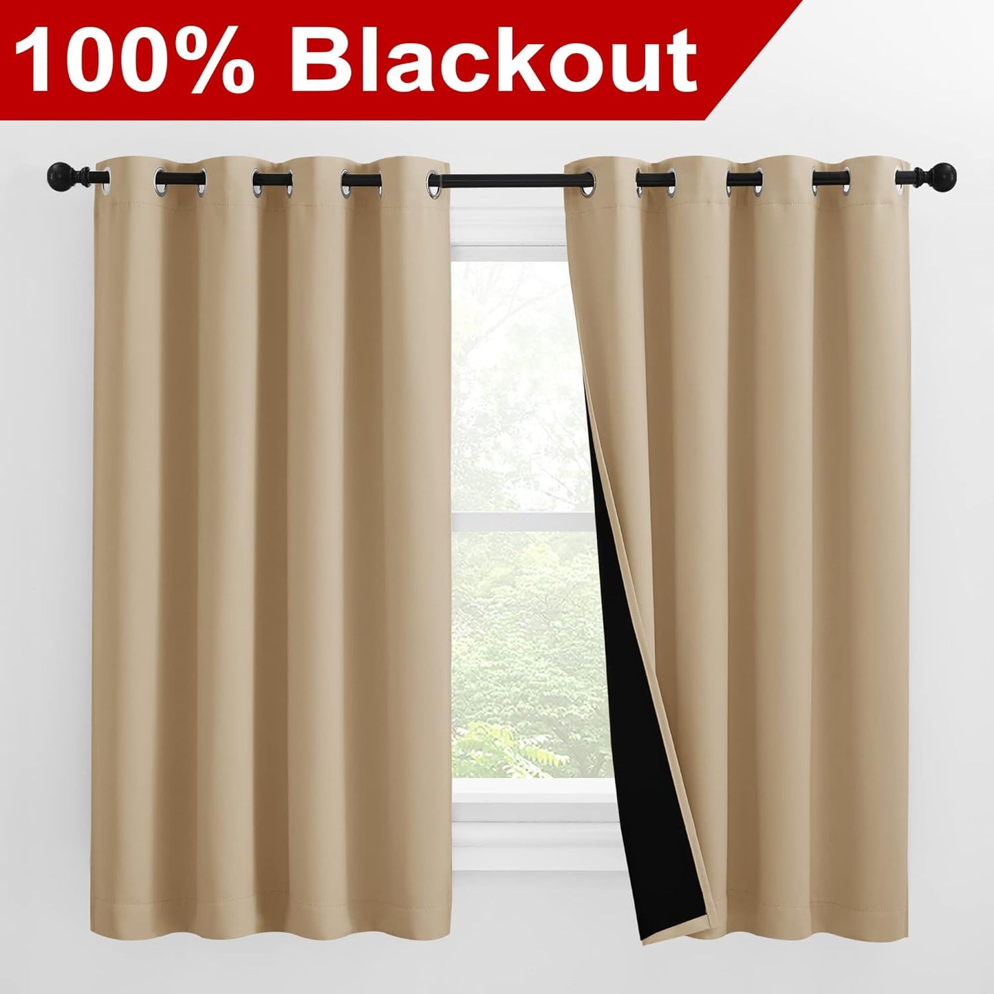 NICETOWN Cold Reducing Curtains, Bedroom Full Blackout Curtain Panels, Great Job for Blocking Light, Complete Blackout Draperies with Black Liner for Night Shift (Biscotti Beige, Set of 2, 55 by 57)