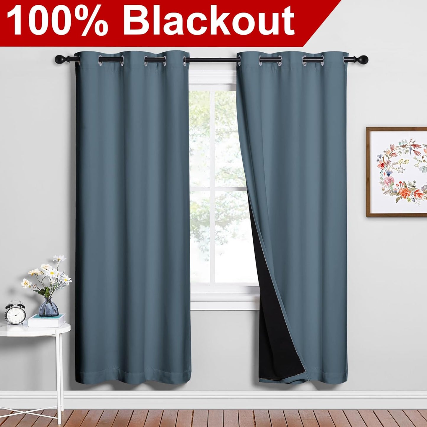 NICETOWN Smoky Blue Full Shade Curtain Panels, 37" Wide x 70" Long, Smoky Blue, Pair of Thermal Insulated & Energy Efficiency Blackout Drapes for Living Room, Lined Silky Performance Window Dressing