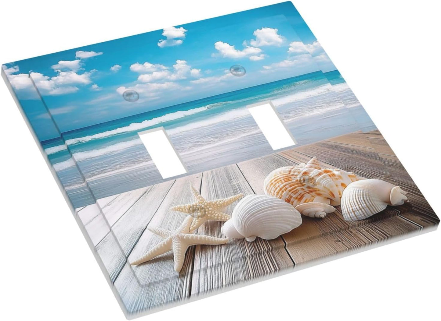 Decorative Switch Plates Beach Waves Brown Wood Starfish Shells 2 Gang Double Toggle Outlet Light Switch Cover Wall Plate Electrical Faceplate For Bathroom Living Room Decor