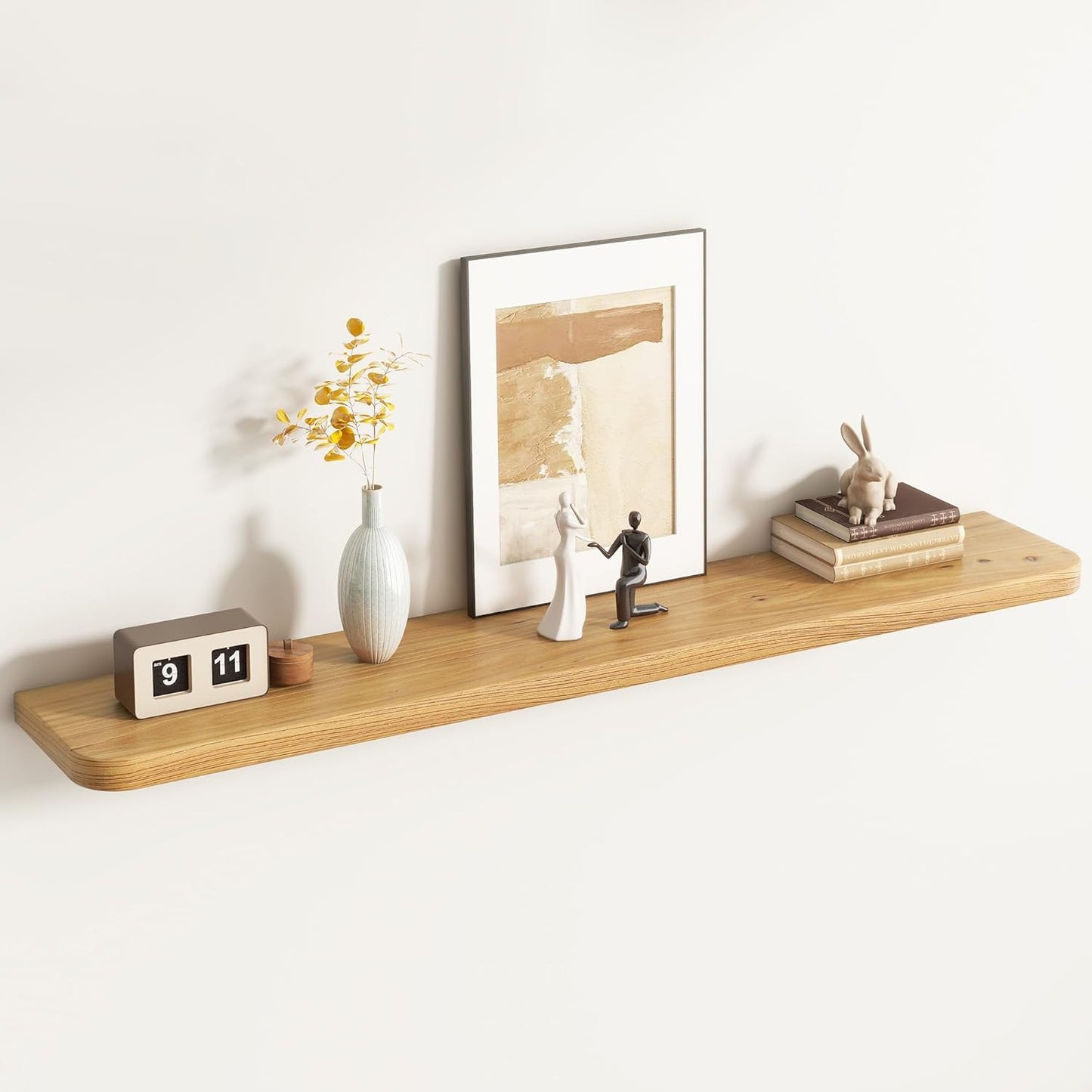 Rustic Elm Wood Floating Shelves for Wall Round Edge, 55"W x 9.2"D x 1.37"H, Set of 1 with Invisible Bracket, Wall Mounted Storage Shelves for Living Room Bedroom Kitchen Bathroom Decor, Natural