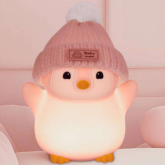 Penguin Night Light, Cute Pink Penguin Lamp with Knit Hat, Soft Silicone Nursery Nightlight for Baby, Rechargeable/Dimmable/Timer,LED Squishy Novelty Animal Bedside Lamp,Funny Gifts for Kids