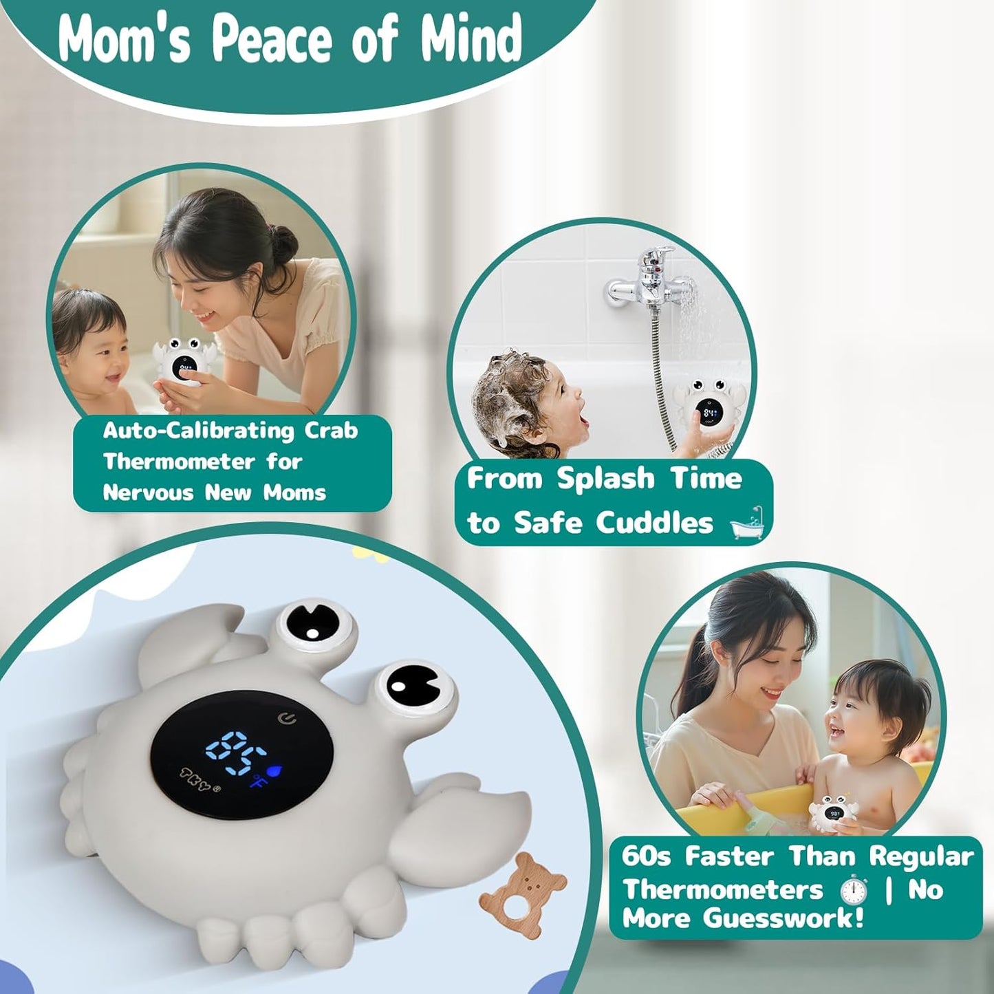 TKY Baby Bath Thermometer with Floating Toys & Room Temperature Monitor - Rechargeable Digital Thermometer with Temperature Alerts, Bath Essentials for Newborns, Infants (Advanced Grey)