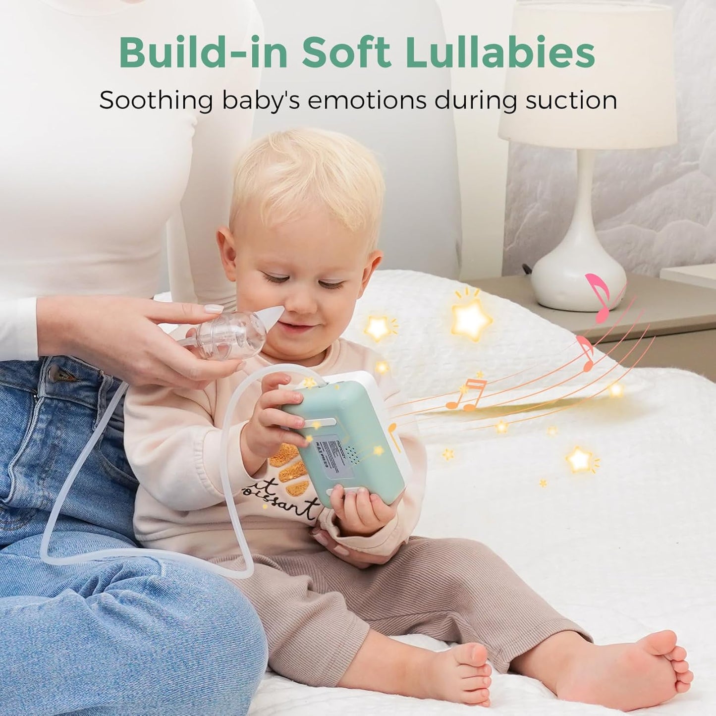 Momcozy Nasal Aspirator for Baby, 【Hospital-Grade】 70 KPa Strong Suction & 9 Suction Levels Nose Sucker, Electric Nose Cleaner for Toddler & Newborn, Soothe Light & Lullabies, BPA Free Silicone Tips