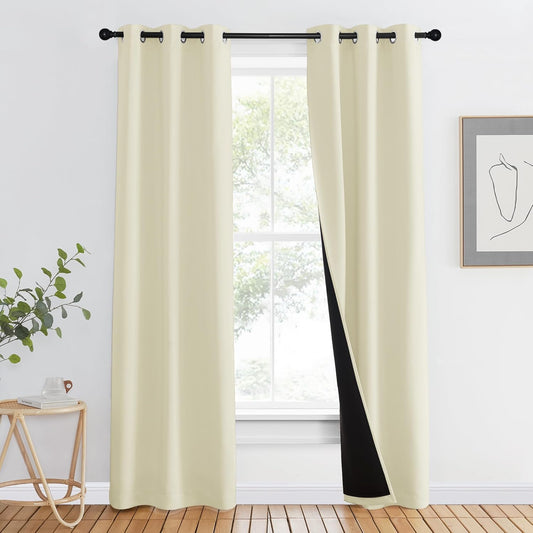 NICETOWN Living Room Completely Shaded Draperies, Privacy Protection & Noise Reducing Ring Top Drapes, Black Lined Insulated Window Treatment Curtain Panels (Beige, 2 Pieces, W37 x L80)