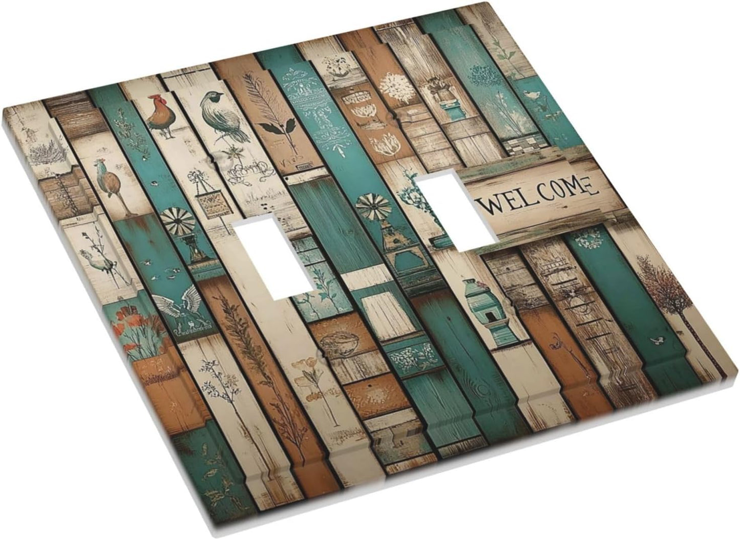 Decorative Switch Plates Vintage Wood Brown Turquoise Splicing 2 Gang Double Toggle Outlet Light Switch Cover Wall Plate Electrical Faceplate For Farmhouse Cabin Decor
