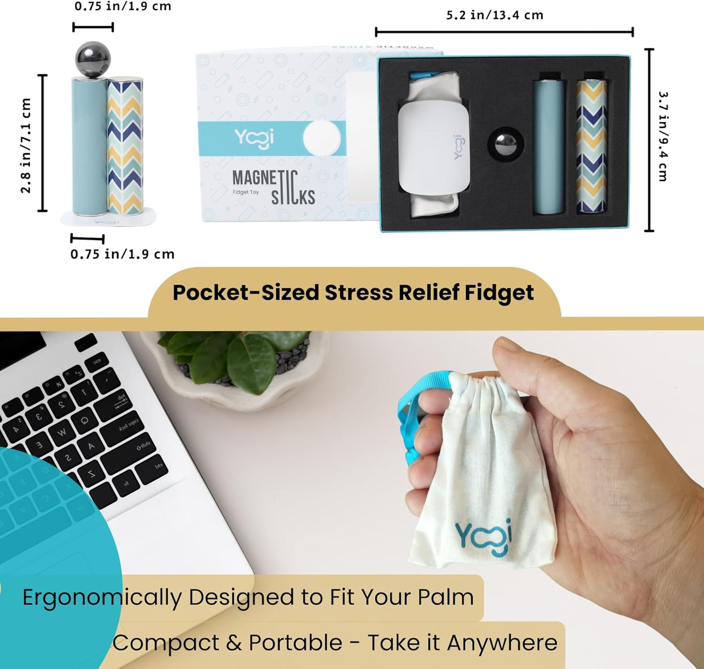 Yogi Magnetic Sticks - Premium Fidget Toys for Adults - Extremely Fun & Engaging, Uniquely Designed Magnetic Fidget Toy with Magnet Sticks and Ball, Ideal Desk Toy for Focus&Relaxation (Aqua Chevron)