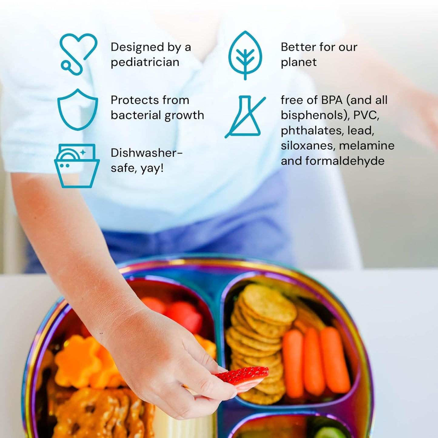 Ahimsa Stainless Steel Kids Plates - Divided Toddler Plates, Pediatrician Designed, Non Toxic Toddler Plate, BPA Free & Dishwasher Safe (Rainbow Single)