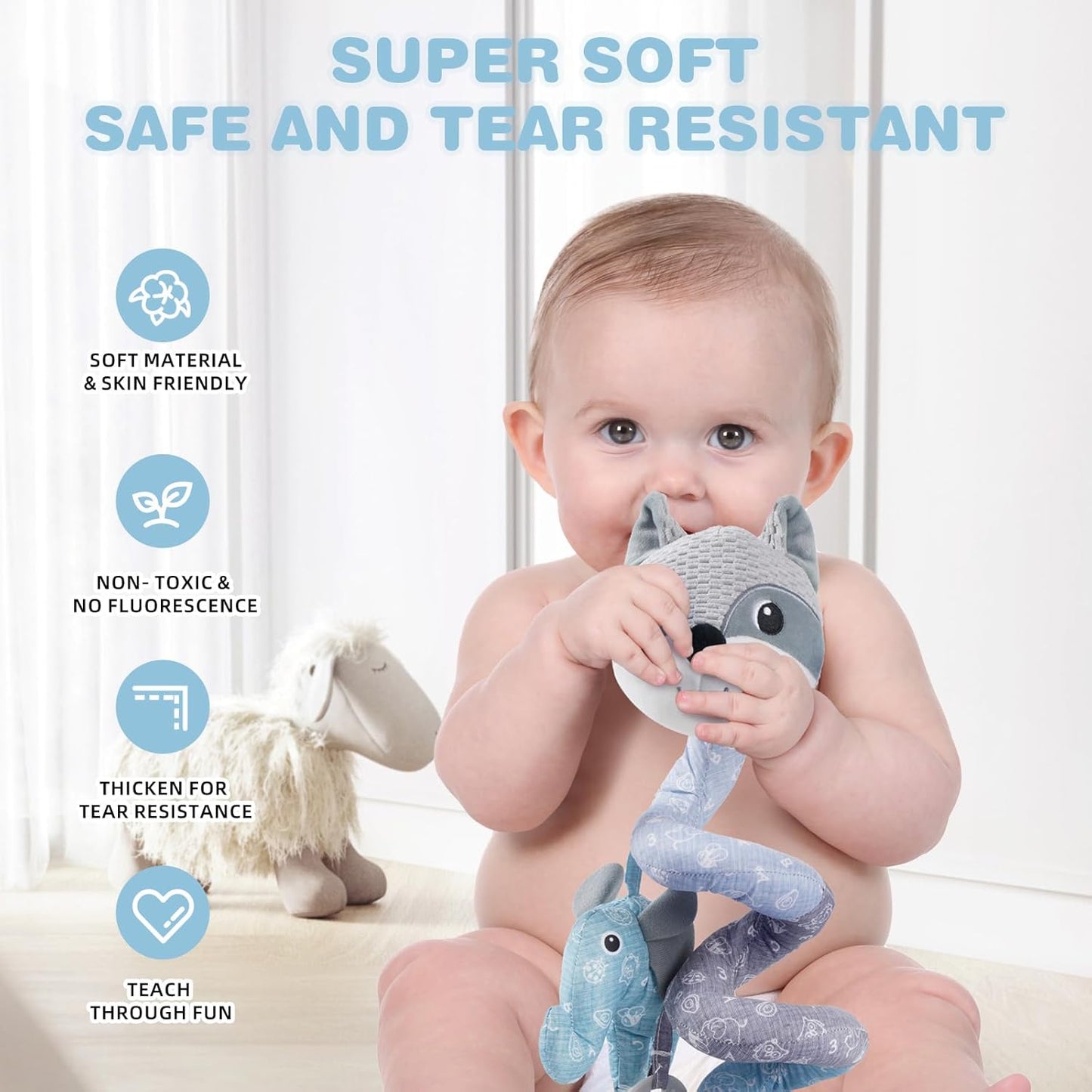 Jollybaby Baby Car Seat Stroller Toys, Plush Activity Hanging Spiral Activity Pram Crib with Music Box, Rattles, Squeaker for Babies Infant Boys Girls(Grey Fox)