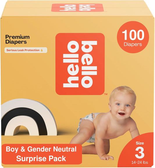 Hello Bello Premium Diapers, Size 3 (14-24 lbs) Surprise Pack for Boys - 100 Count (Pack of 1), Hypoallergenic with Soft, Cloth-Like Feel - Assorted Boy & Gender Neutral Patterns