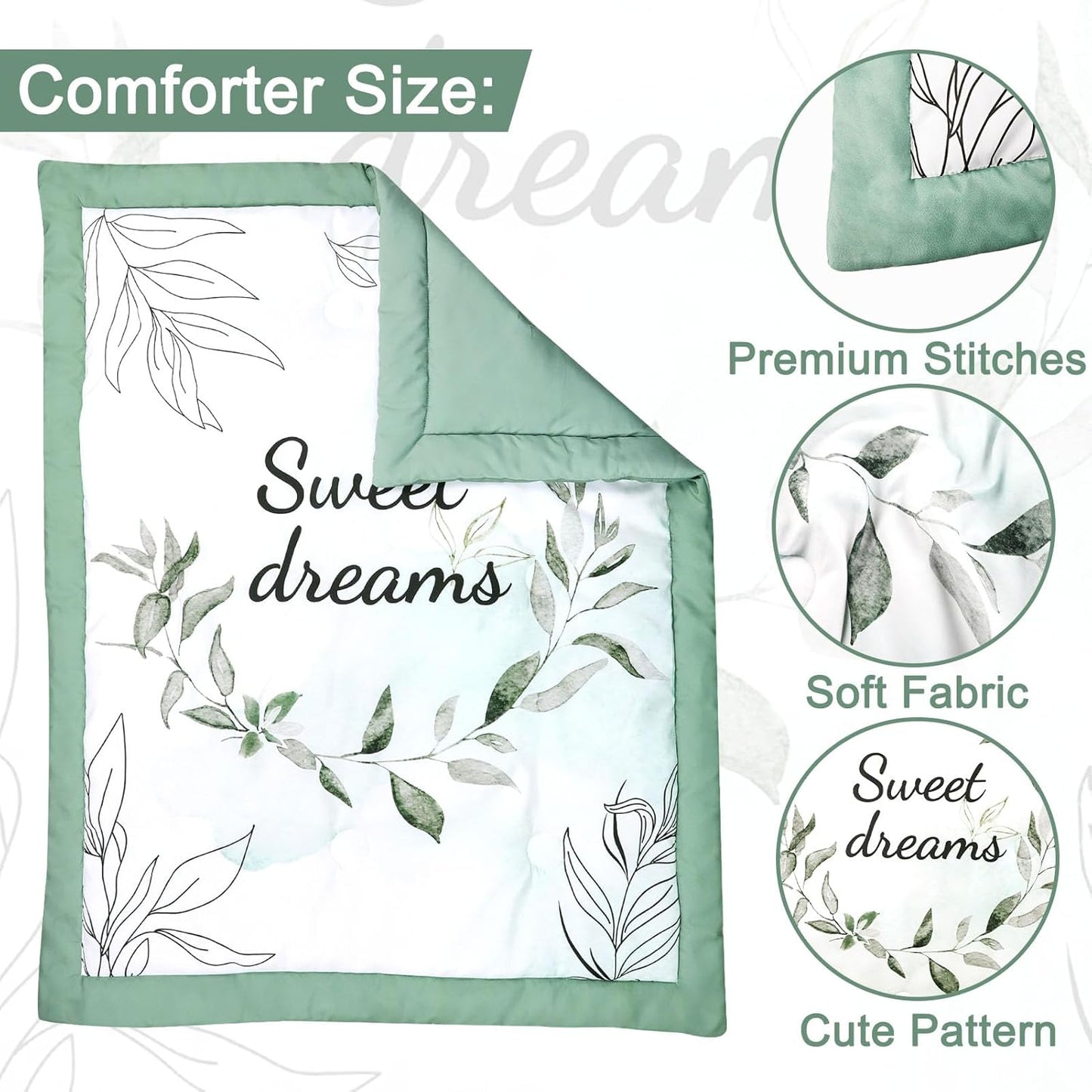 Green Leaf Crib Bedding Set, 4-Piece Baby Boy Bedding Set, Neutral Nursery Bedding Set, Fitted Crib Sheet, Crib Skirt, Baby Quilt, and Diaper Stacker, Sage