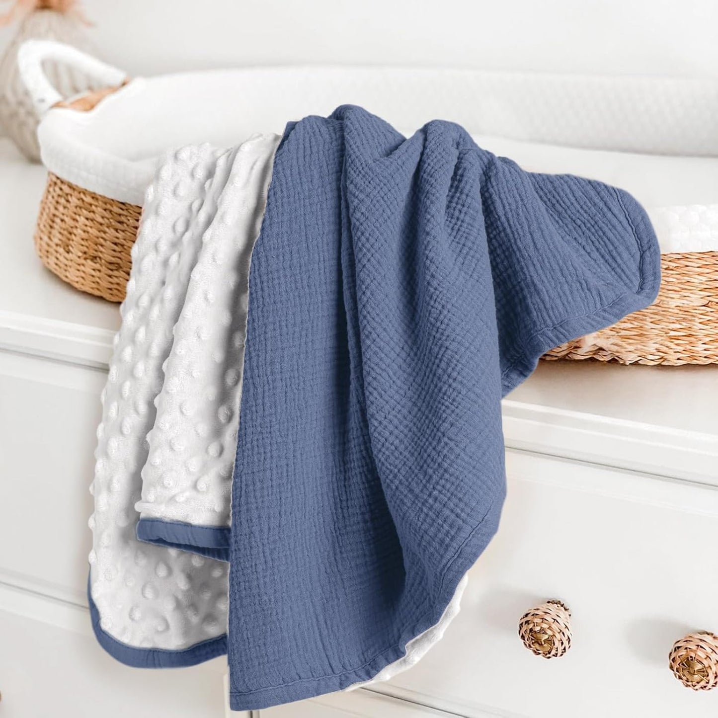 lulumoon Baby Blanket for Newborn Receiving: Minky Dot & Muslin Lightweight - Thermal Blanket Gift for Baby Shower & Hospital Welcoming 30"x40"（Blue）