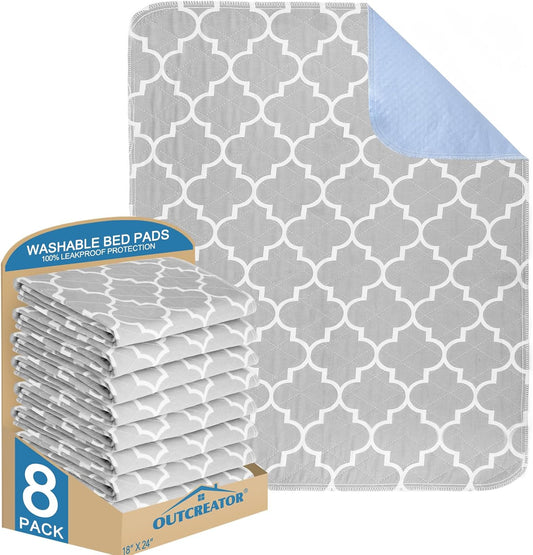 OUTCREATOR® Washable Bed Pads 18" x 24" (Pack of 8), Incontinence Mattress Protector, Anti-Slip Waterproof Underpads for Adults Kids Elderly Pets, Absorbency & Reusable Bedwetting Pads (Gray)