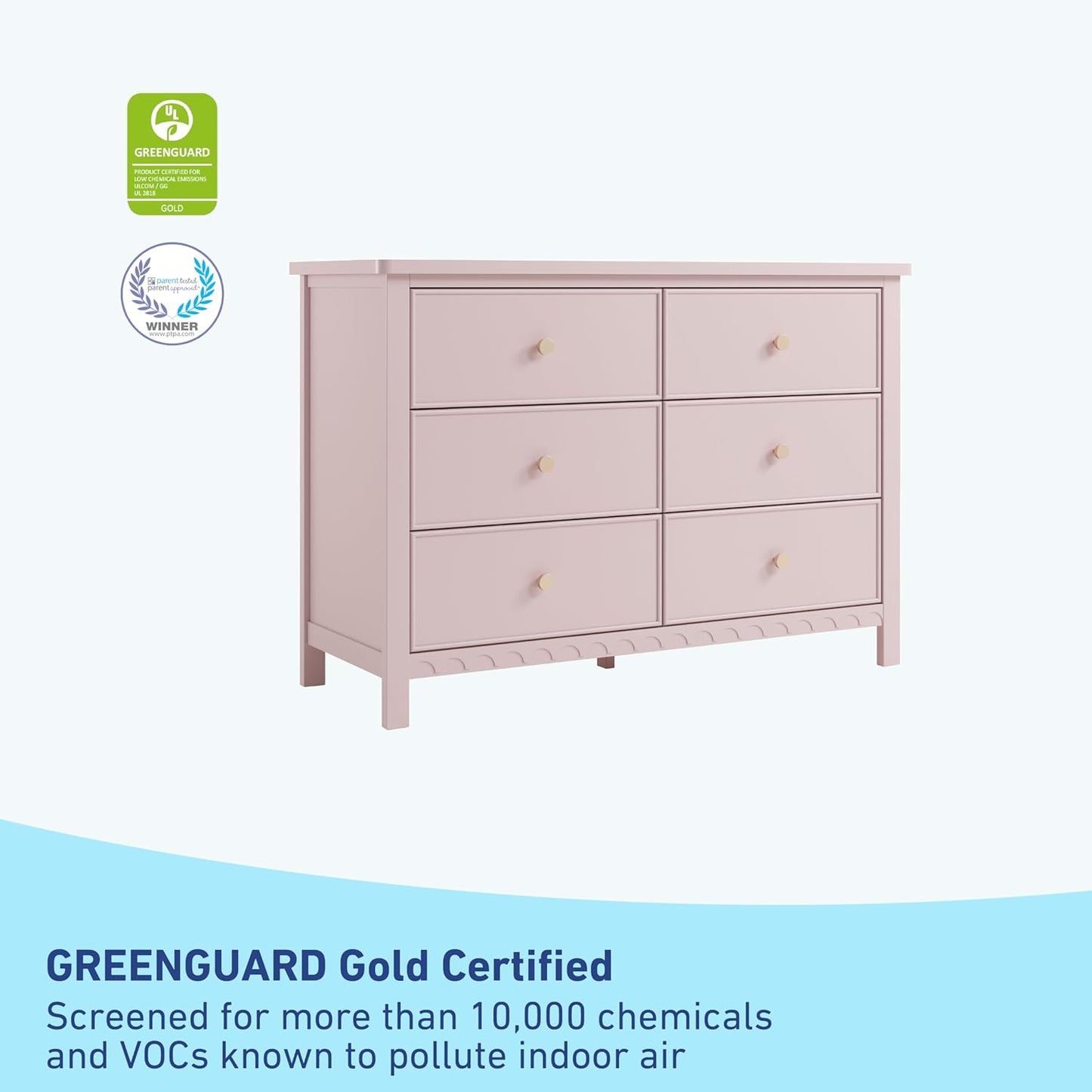 Graco Sasha 6 Drawer Dresser (Blush) – GREENGUARD Gold Certified, Wood Storage for Nursery or Kids’ Room, Safe Interlocking Drawer System & Easy Assembly with Pre-Installed Tracks