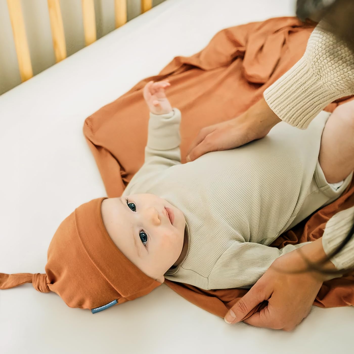 GRSSDER Newborn Swaddle Blanket, Ultra Soft Jersey Receiving Blanket with Matching Headband and Beanie Set, Stretchy Baby Swaddle 47×47", Extra Large Nursery Swaddles Wrap for Girls and Boys