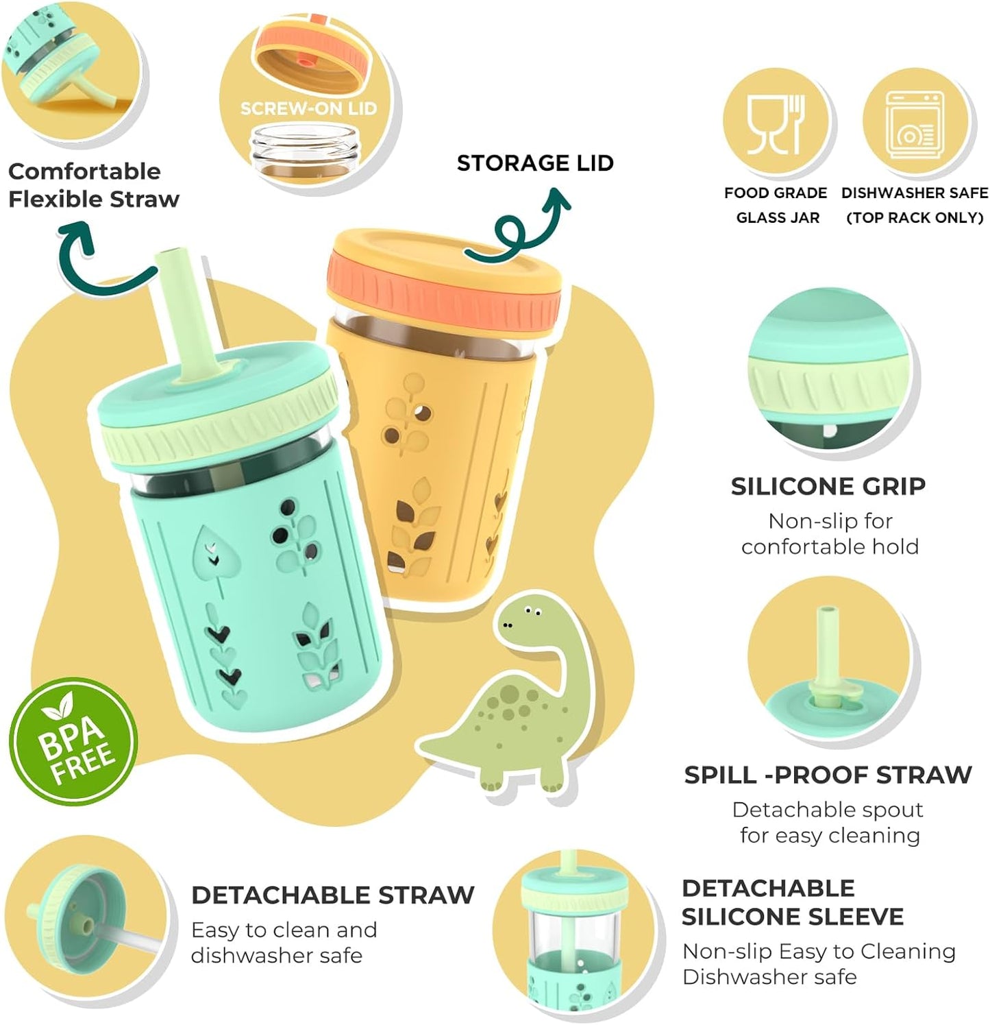 Tronco 8 oz Glass Sippy Cup for Toddlers, Kids Mason Jar Smoothie Cup with Silicone Sleeves & Spill Resistant Flexible Straw, Snack Cup, BPA-Free, Dishwasher Safe