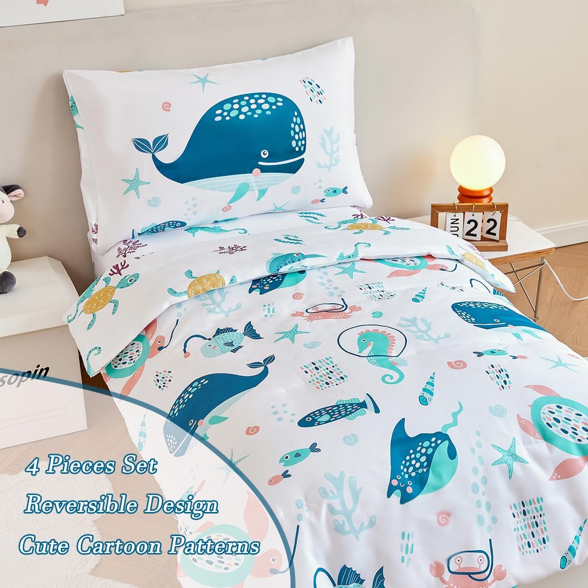 PERFEMET 4 Pcs Toddler Bedding Set Ocean Themed Toddler Comforter for Girl Soft Reversible Under Sea Animals White Toddler Bed in A Bag for Boys Girls(White, Whales)