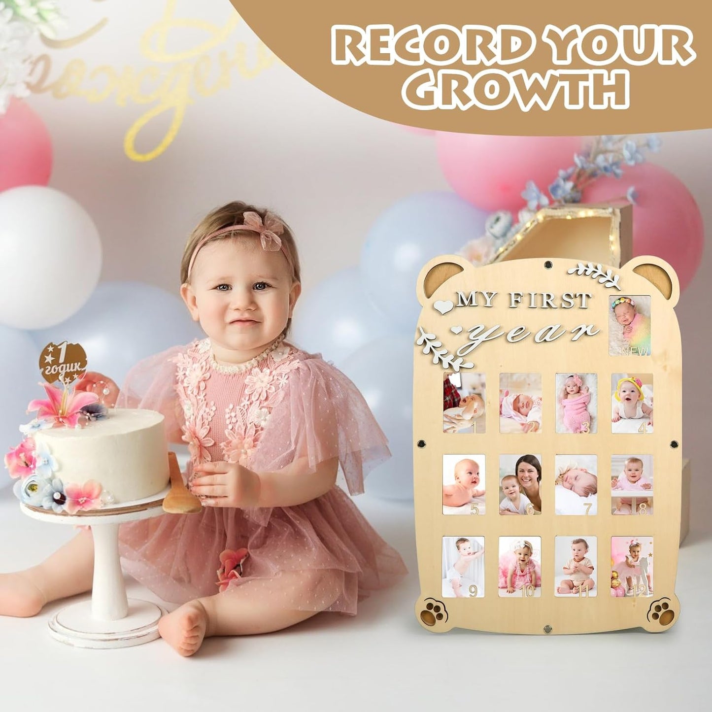 My First Year Picture Frame,One Year Of Photo Board, Baby's First Twelve Months Photo Collage and Gender Neutral Keepsake, Ideal for Baby Shower,New Mom Keepsake Gift and Nursery Decor - With Stand (Cat sign)