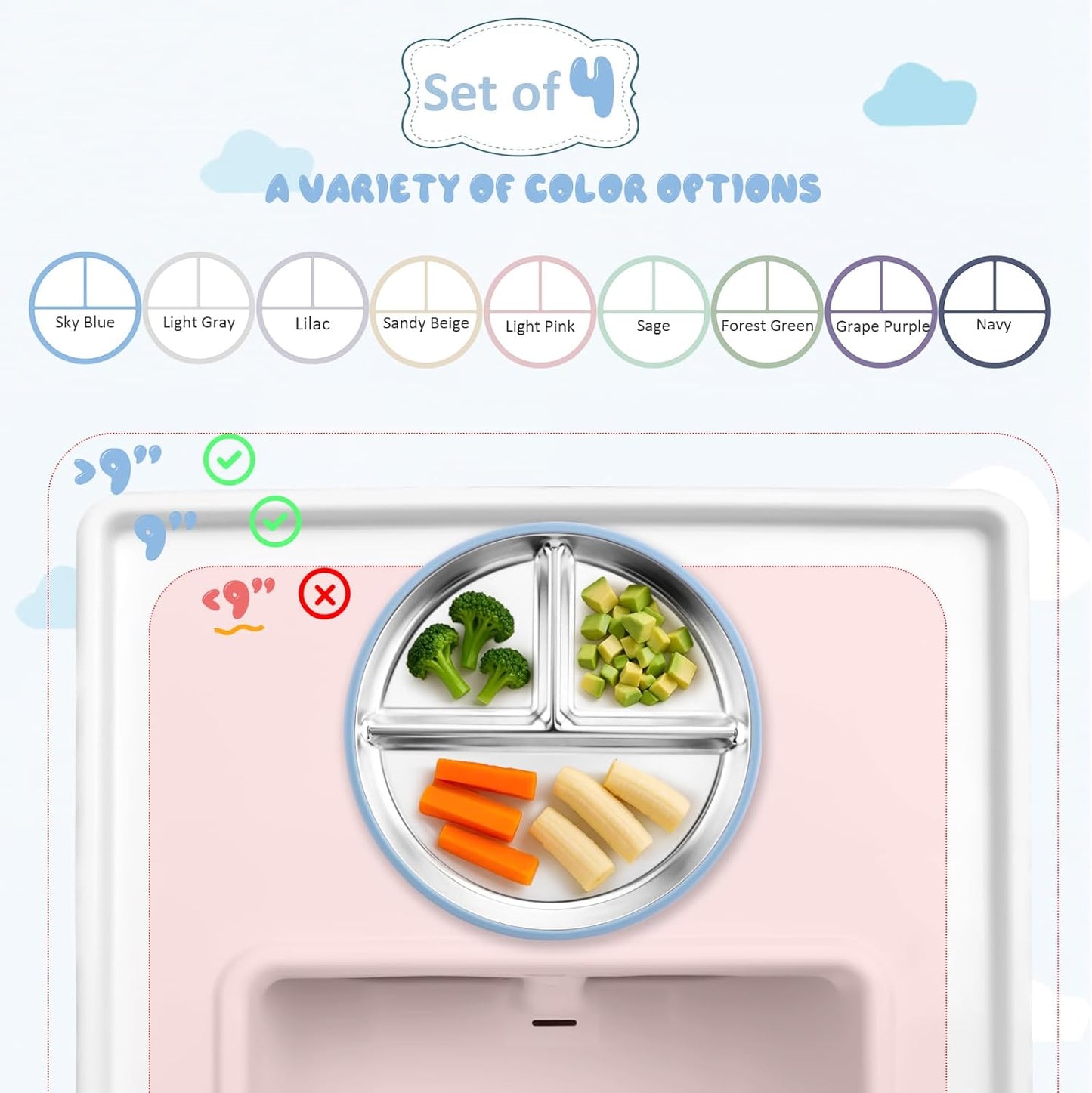 Stainless Steel Suction Plates for Toddlers, 9" Divided Kids Baby Plates with Removable Silicone Suction, Non Toxic Non Slip Portion Control Snack Dishes 4 Packs, Blue Gray Navy Sage