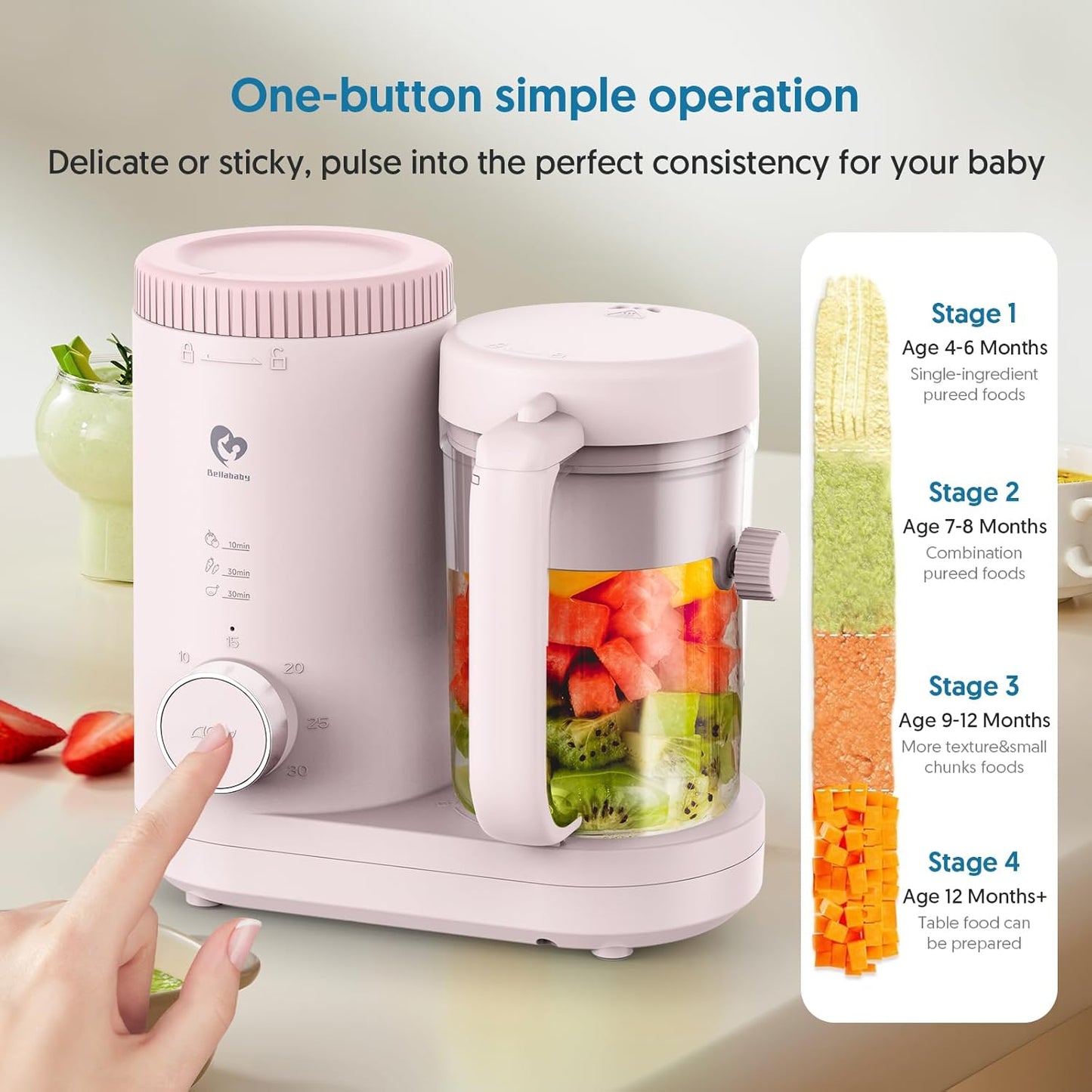 Baby Food Maker Bellababy Baby Food Processor, Puree Blender Steamer with Reversible Steam Basket, One Button Easy Operation & Large Opening for Easy Cleaning