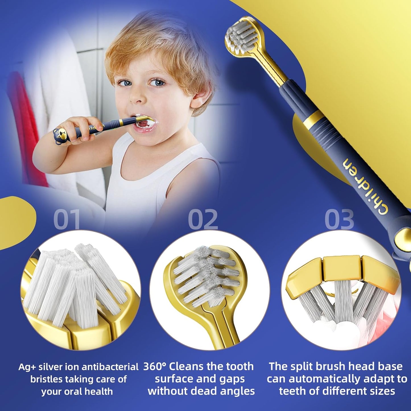 3 Sided Toothbrush for Kids, Japanese Design Triple-Angle Toothhugger, Cartoon Bear Design for Autism Toddlers, Kids Toothbrush for Aged 3-12, Soft Bristles for Gentle Gum Care (3Pack)