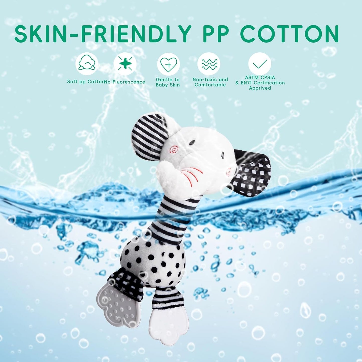 Black & White Elephant Baby Toys 0-12 Months - Plush Sensory Rattle with Teether, Wind Chime, BB Squeaker & Embroidery for Visual, Hearing & Cognitive Development